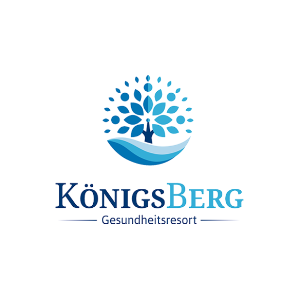 Das Logo des „KönigsBerg Gesundheitsresort“ zeigt einen stilisierten Baum über Wellen.