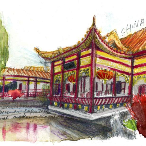Eine Aquarellzeichnung eines traditionellen chinesischen Gebäudes am Wasser.