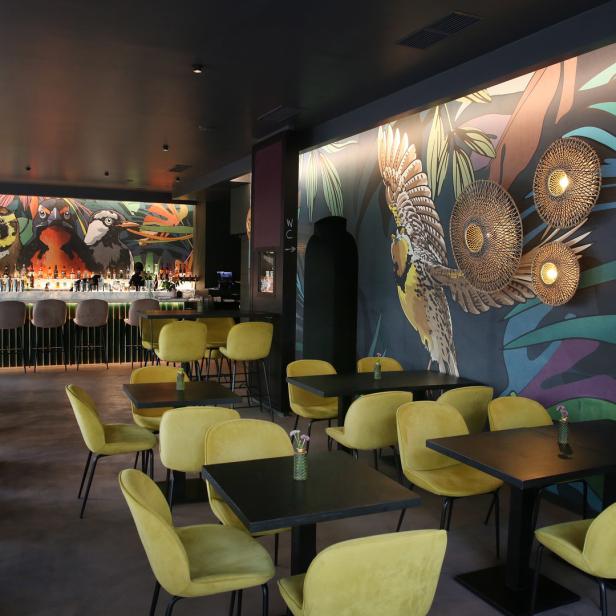 Innenansicht einer Bar mit Tischen, Stühlen und einer Wandmalerei mit Vogelmotiven.