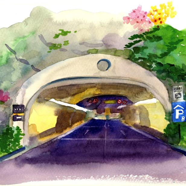 Aquarellmalerei einer Tunneleinfahrt mit üppiger Vegetation und einem Auto im Inneren.