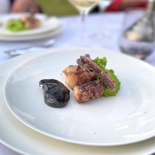 Ein Teller mit frittiertem Fisch, Tintenfischtinte und grünem Püree wird serviert.