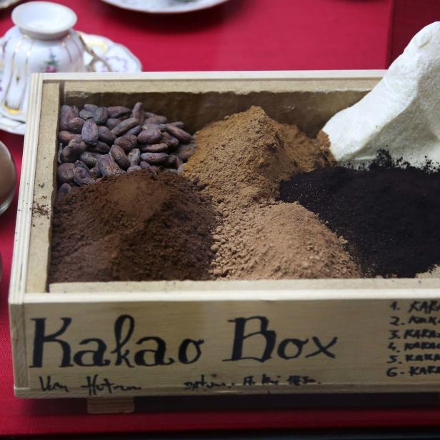 Eine „Kakao Box“ mit Kakaobohnen, Kakaopulver und Kakaobutter.