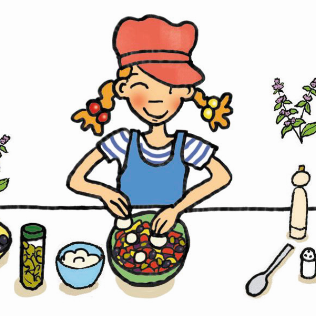 Ein Mädchen mit Zöpfen bereitet einen Salat mit Oliven und Eiern zu.