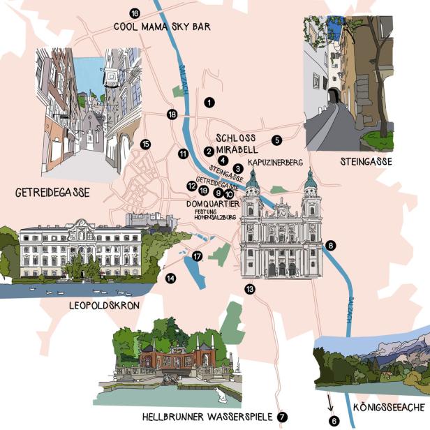 Eine illustrierte Karte von Salzburg mit Sehenswürdigkeiten wie Schloss Mirabell und der Getreidegasse.