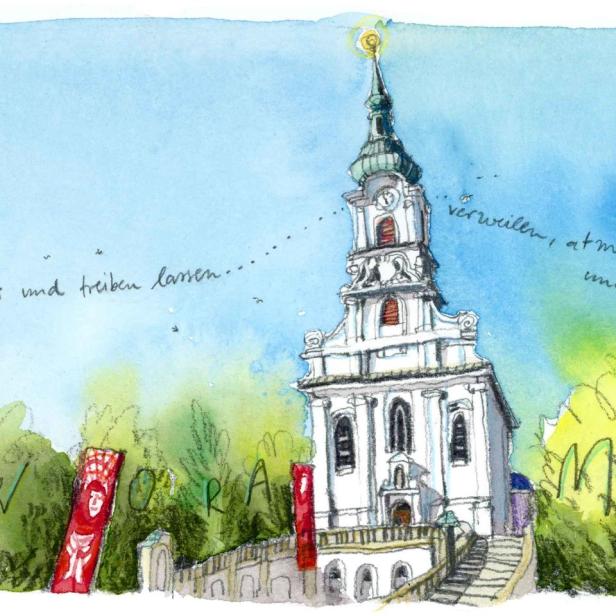Eine Aquarellzeichnung der Kaasgrabkirche, umgeben von Bäumen und Textfragmenten.