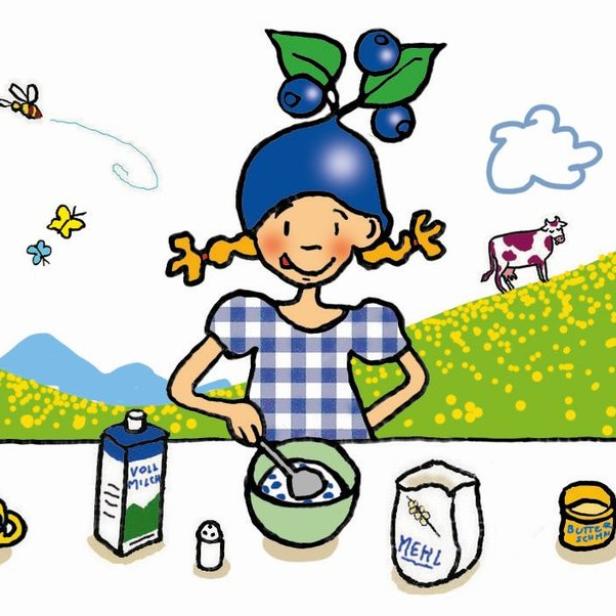 Eine Illustration, die zeigt, wie ein Mädchen mit Blaubeermütze Blaubeerpfannkuchen zubereitet.