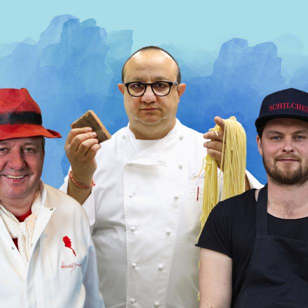 Drei Köche präsentieren stolz ihre Zutaten: Brot, Pasta und eine „Schilcher“-Kappe.