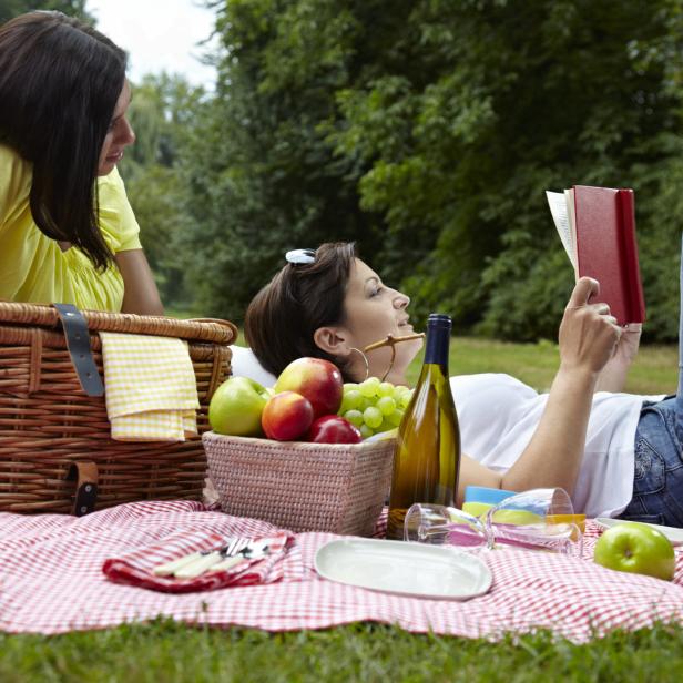 Zwei Frauen machen ein Picknick im Grünen, eine liest ein Buch.