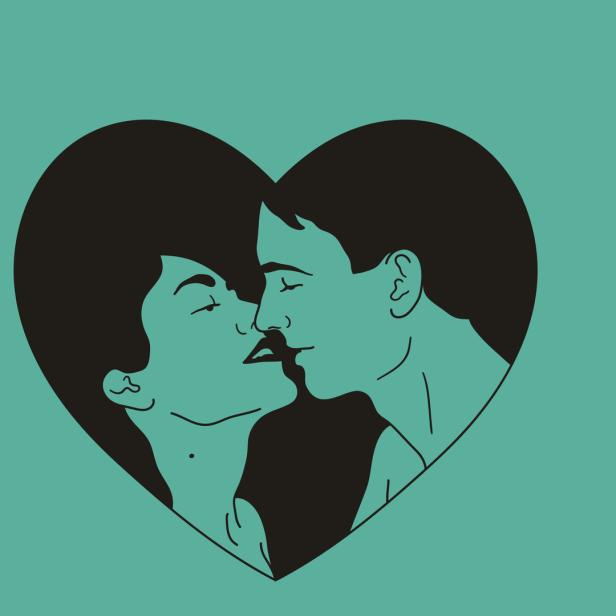 Ein Paar in einer herzförmigen Illustration, kurz vor einem Kuss.