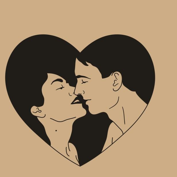 Ein Paar küsst sich, dargestellt in einer Herzform.