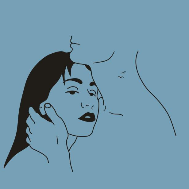 Ein Mann küsst eine Frau auf die Stirn, minimalistische Illustration auf blauem Grund.