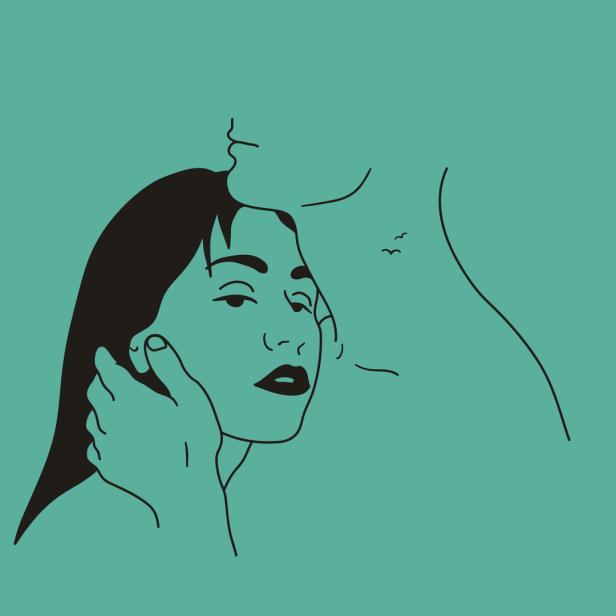 Ein Mann gibt einer Frau einen Kuss auf die Stirn, minimalistische Illustration.