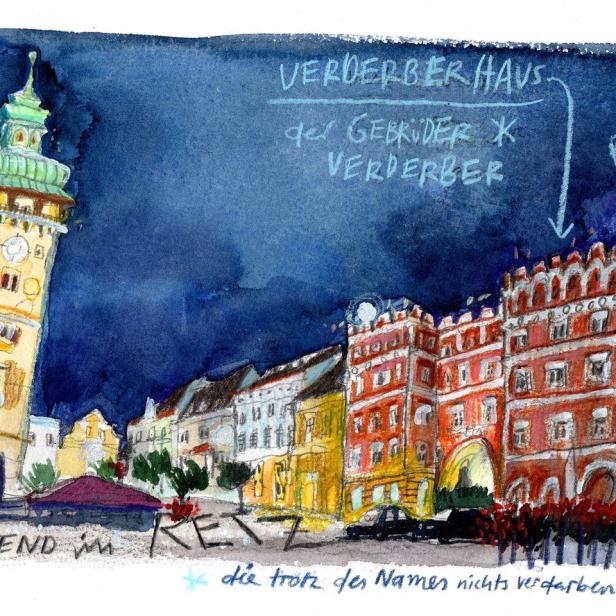 Eine abendliche Aquarellzeichnung des Rathausturms und des Verderber Hauses in Retz, Österreich, mit einer Pestsäule.