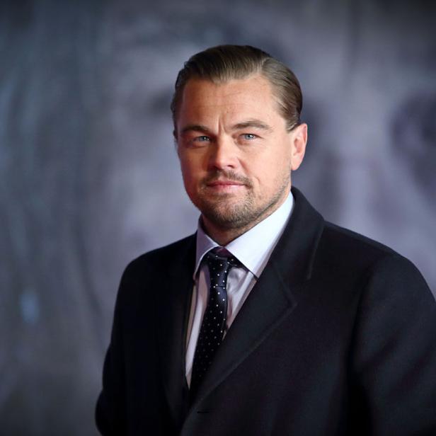 Porträt von Leonardo DiCaprio in einem dunklen Anzug und Krawatte.