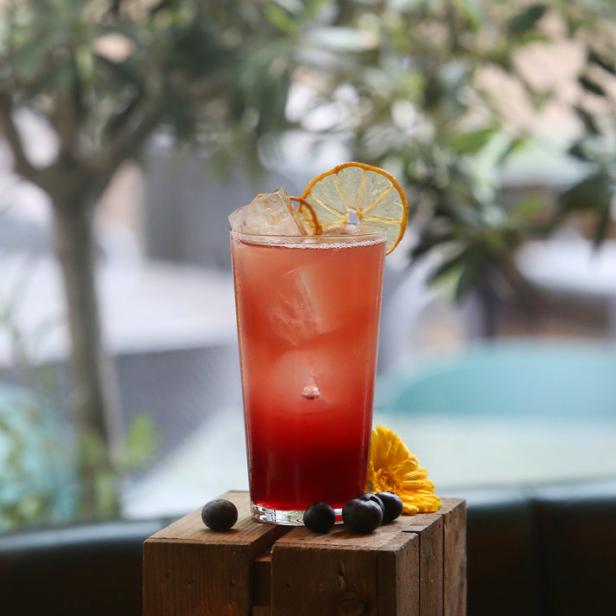 Ein roter Cocktail mit Eis und einer Zitronenscheibe auf einem Holzwürfel.