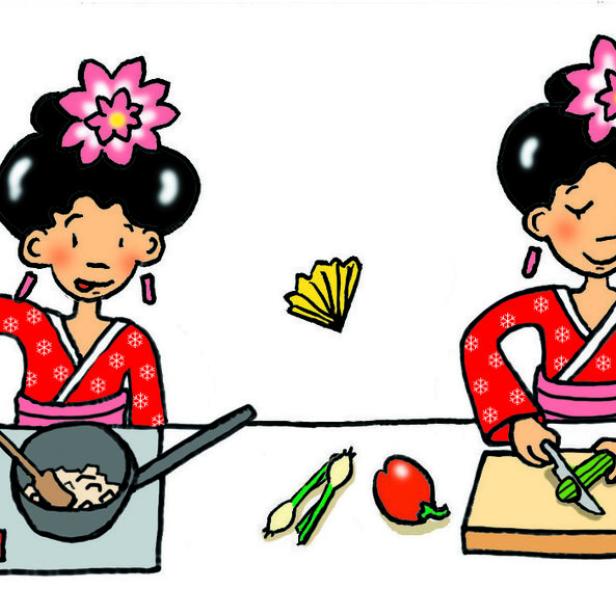Eine Frau in einem Kimono bereitet verschiedene Zutaten für ein Gericht zu.