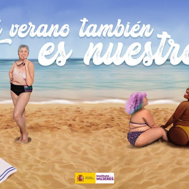Eine Illustration von Frauen unterschiedlichen Alters und Körpertyps am Strand, mit dem Slogan „El verano también es nuestro“.