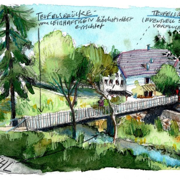 Aquarellzeichnung der Teufelsmühle und Teufelsbrücke, einer sagenhaften Wanderung an der Großen Mühl.