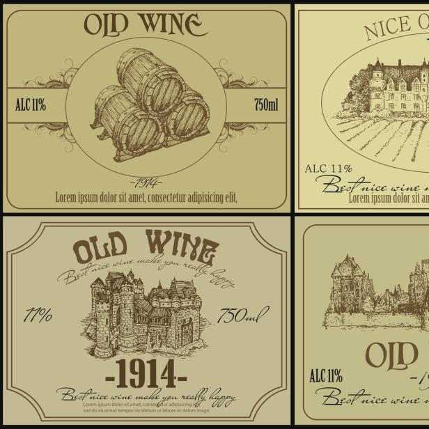 Vier verschiedene Etiketten für „Old Wine“ und „Nice Old Wine“ von 1914.