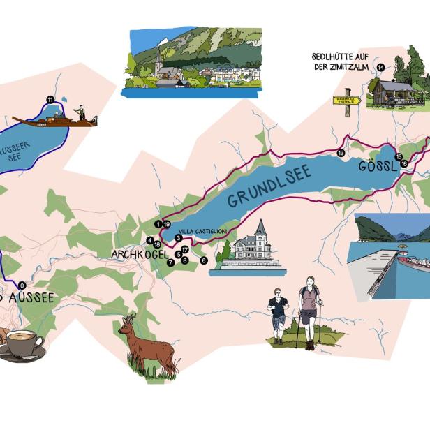 Eine illustrierte Karte der Region um Bad Aussee mit dem Grundlsee und Altausseer See.