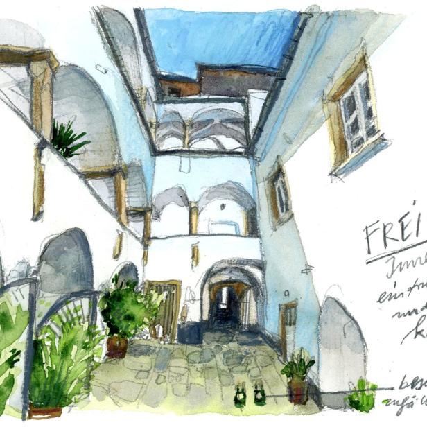 Aquarellzeichnung eines Innenhofs in Freistadt, Österreich, mit Pflanzen und architektonischen Details.
