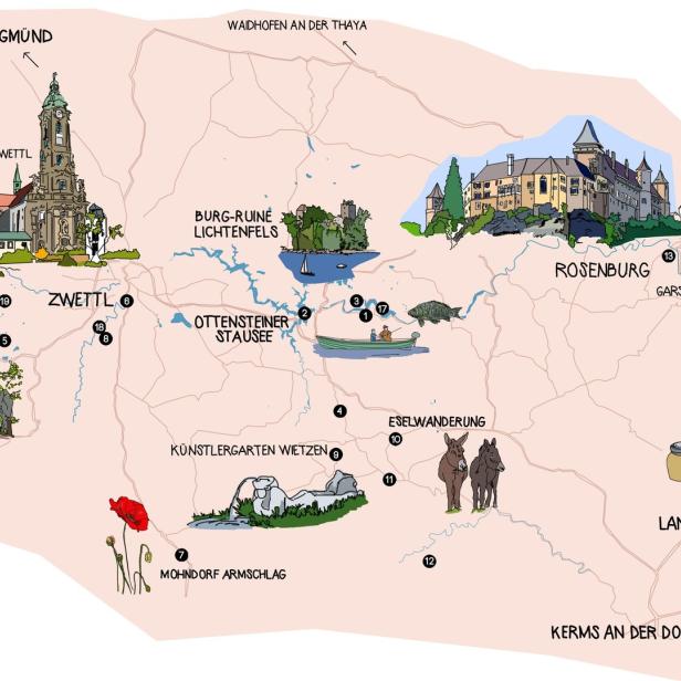 Eine illustrierte Karte des Waldviertels in Österreich mit verschiedenen Sehenswürdigkeiten.