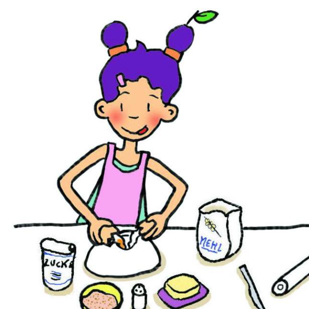 Eine Illustration zeigt ein Mädchen, das Zutaten zum Backen vorbereitet.