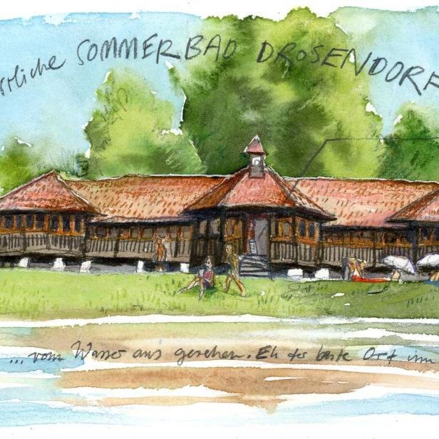 Aquarellzeichnung des Sommerbads Drosendorf mit Badegästen.
