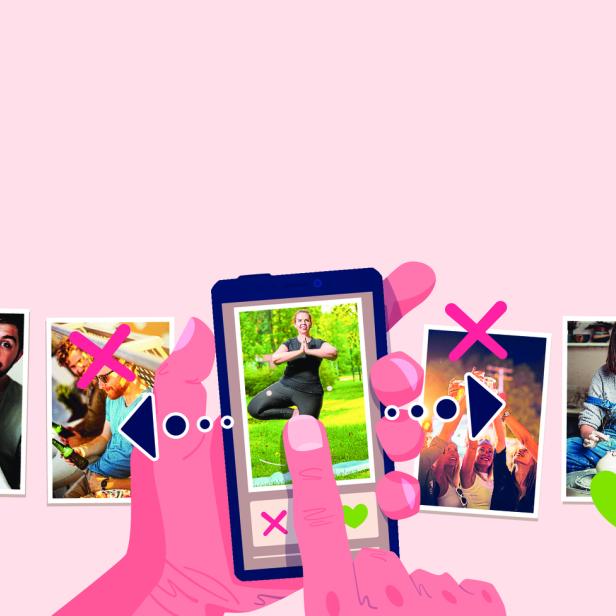 Ein Smartphone zeigt das Profil einer Frau beim Yoga, umgeben von weiteren Profilbildern auf einer Dating-App.