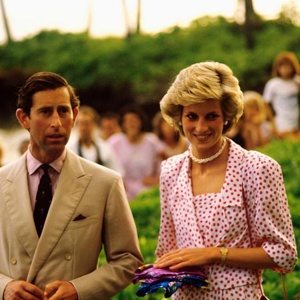 Prinz Charles und Prinzessin Diana posieren lächelnd vor einer Menschenmenge.
