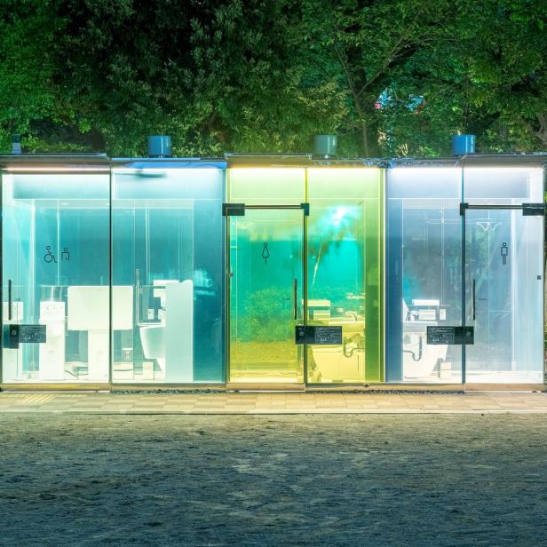 Mehrere farbige, transparente Toilettenkabinen stehen in einem Park.