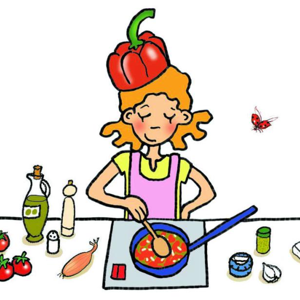 Eine Frau mit einer Paprika auf dem Kopf kocht eine Mahlzeit.