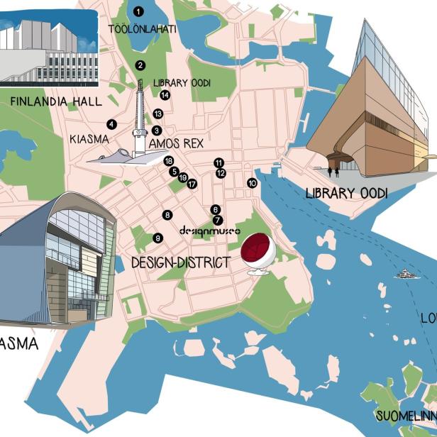 Eine illustrierte Karte von Helsinki, die Sehenswürdigkeiten wie die Finlandia Hall und die Library Oodi zeigt.