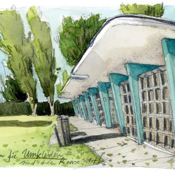 Aquarellzeichnung eines Gebäudes im Bundesbad mit Bäumen im Hintergrund.
