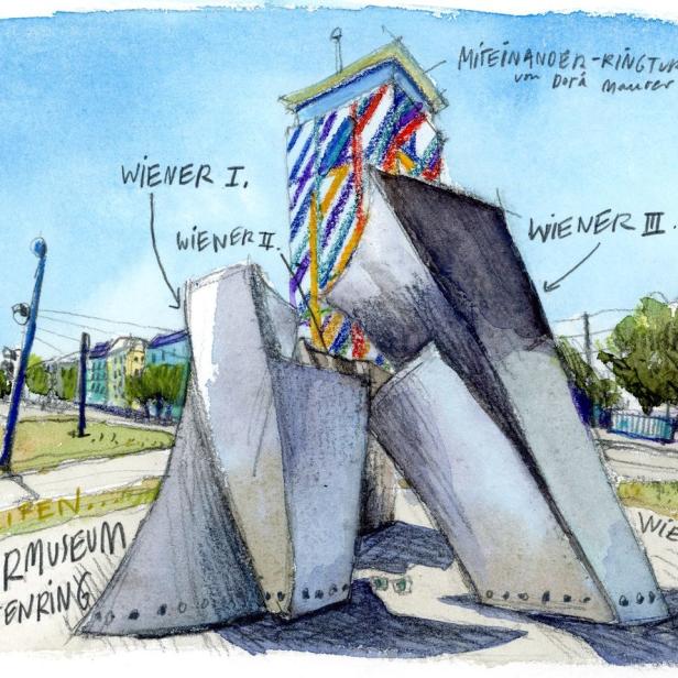 Eine Aquarellzeichnung des „Wiener Trio“ von Philip Johnson am Schottenring, mit dem Ringturm im Hintergrund.