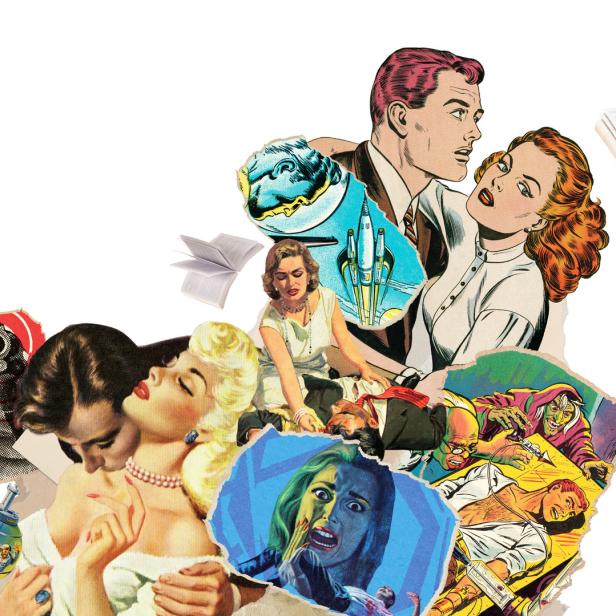 Eine Collage aus verschiedenen Pulp-Fiction-Covern mit Motiven aus Liebe, Horror und Science-Fiction.