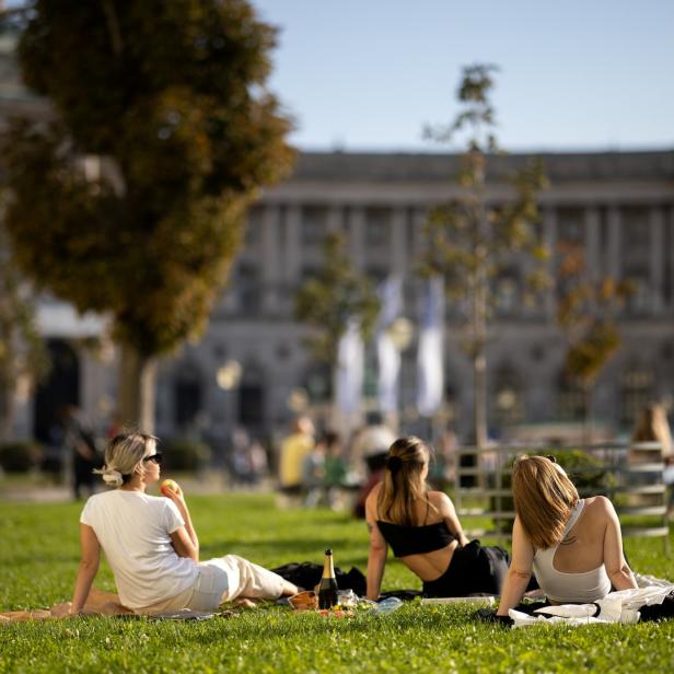 Drei Frauen sitzen auf einer Wiese vor der Hofburg in Wien.