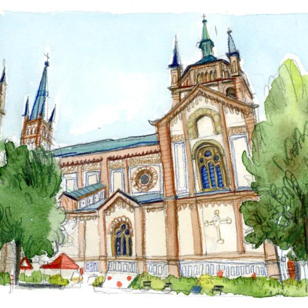 Aquarellzeichnung einer Kirche im Lerchenfeld mit Bäumen im Vordergrund.