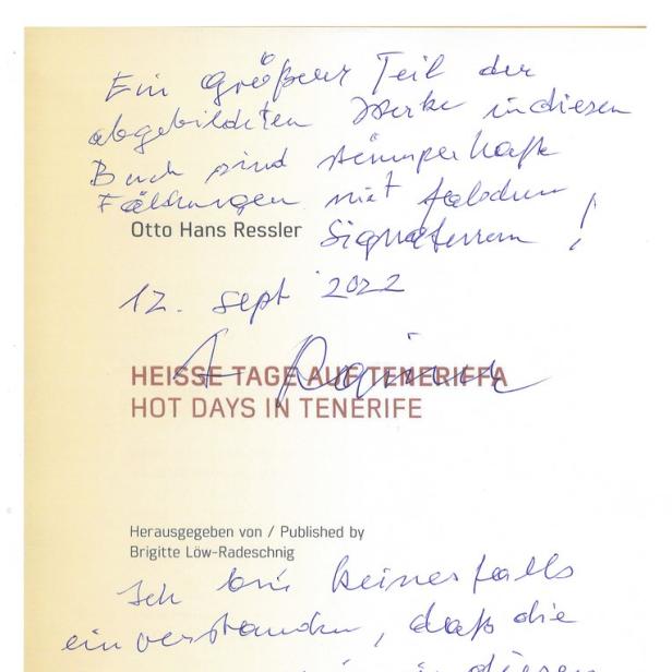 Ein beschriebenes Blatt Papier mit dem Titel „Heisse Tage auf Teneriffa“ und Unterschriften.