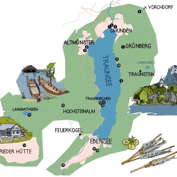 Eine illustrierte Karte der Region um den Traunsee in Österreich.