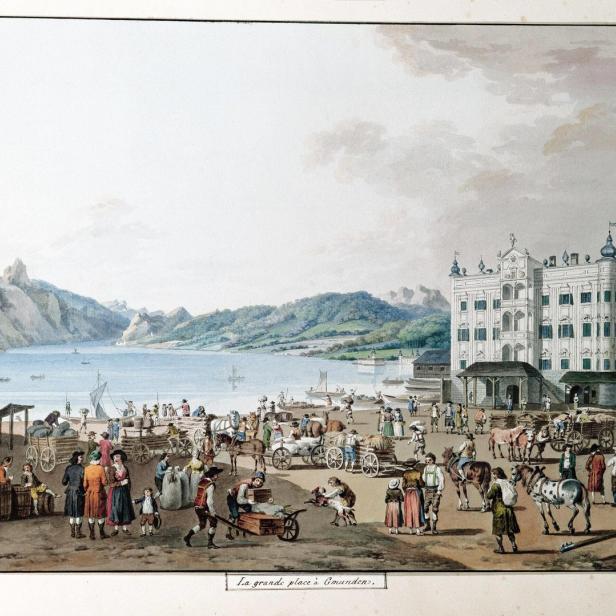 Eine historische Darstellung des Marktplatzes in Gmunden am Traunsee.