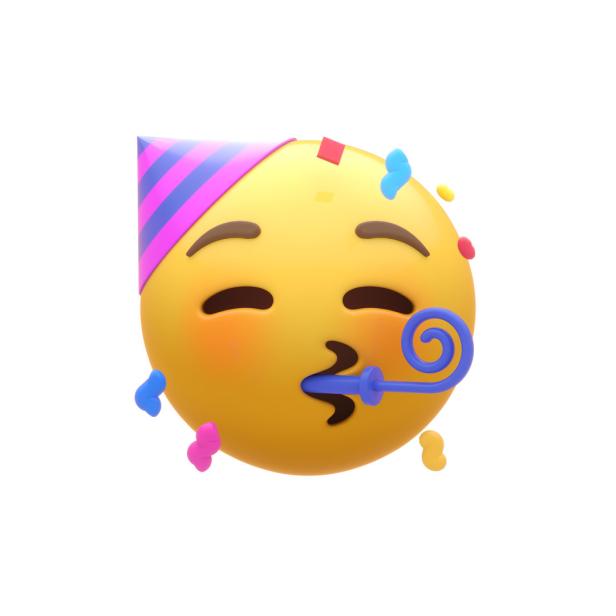 Ein gelbes Emoji mit Partyhut und Tröte, umgeben von Konfetti.