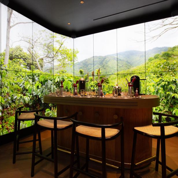 Eine Bar mit Hockern vor einer Wand mit dem Bild einer Kaffeeplantage.