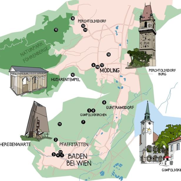 Eine Karte der Region südlich von Wien mit Sehenswürdigkeiten wie dem Husarentempel und der Burg Perchtoldsdorf.