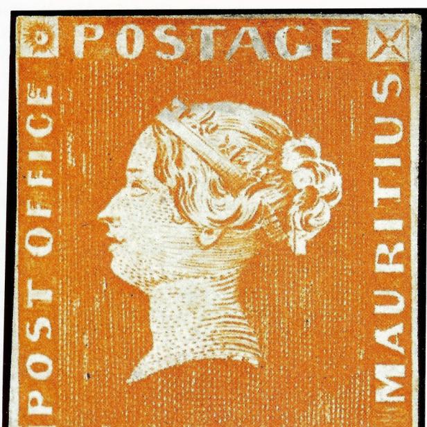 Eine orangefarbene Briefmarke aus Mauritius mit dem Bildnis von Königin Victoria.