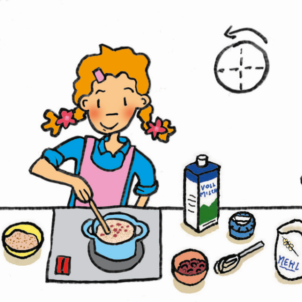 Ein Mädchen mit Zöpfen kocht am Herd mit Zutaten wie Milch, Mehl und Kirschen.