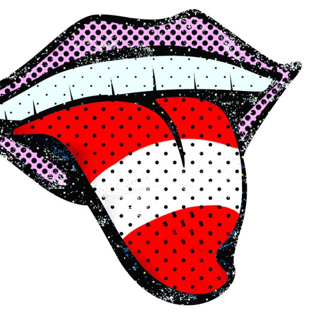 Eine geöffnete, stilisierte Pop-Art-Mundgrafik mit herausgestreckter Zunge.