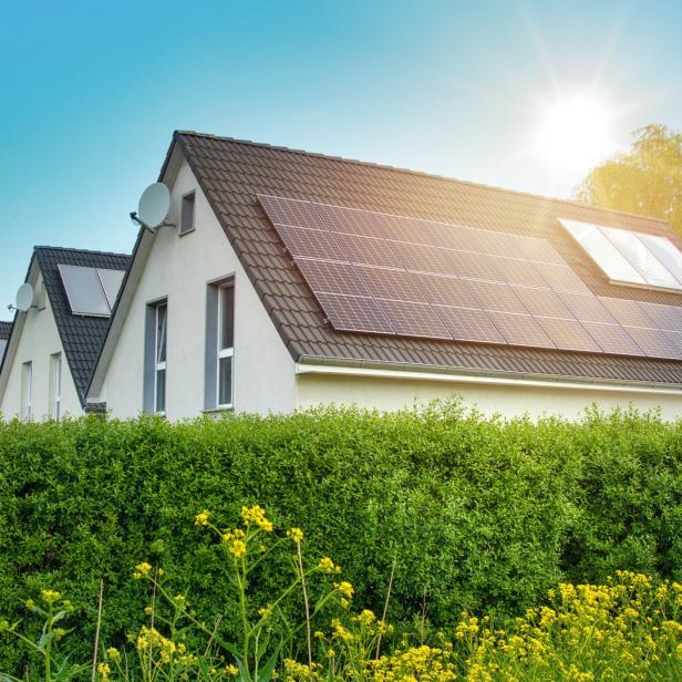 Reihenhäuser mit Solaranlagen auf den Dächern, teilweise von einer Hecke verdeckt.