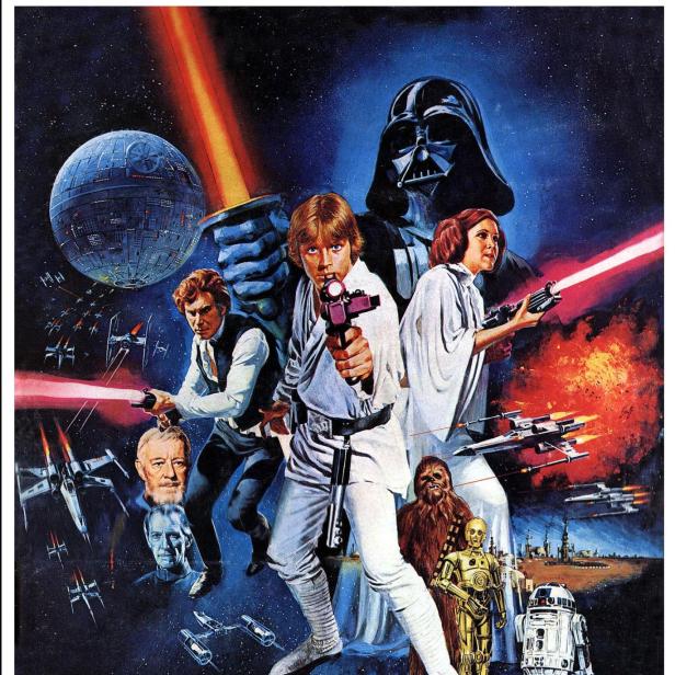 Das Filmplakat für „Star Wars: Eine neue Hoffnung“ mit Luke Skywalker, Leia, Han Solo, Darth Vader und dem Todesstern.