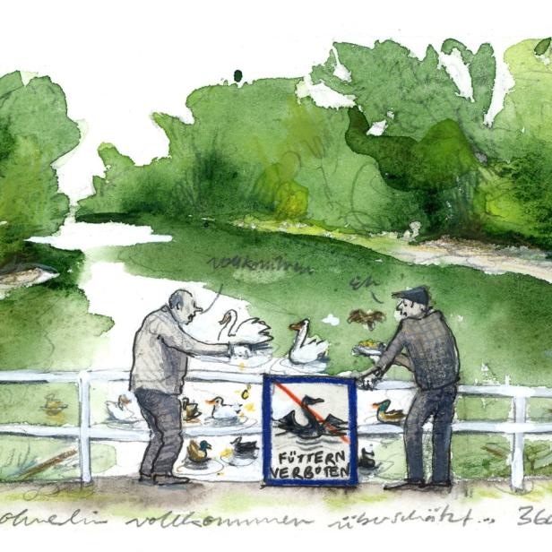 Aquarellzeichnung von zwei Männern, die Enten und Schwäne an einem Fluss füttern, trotz eines „Füttern verboten“-Schildes.